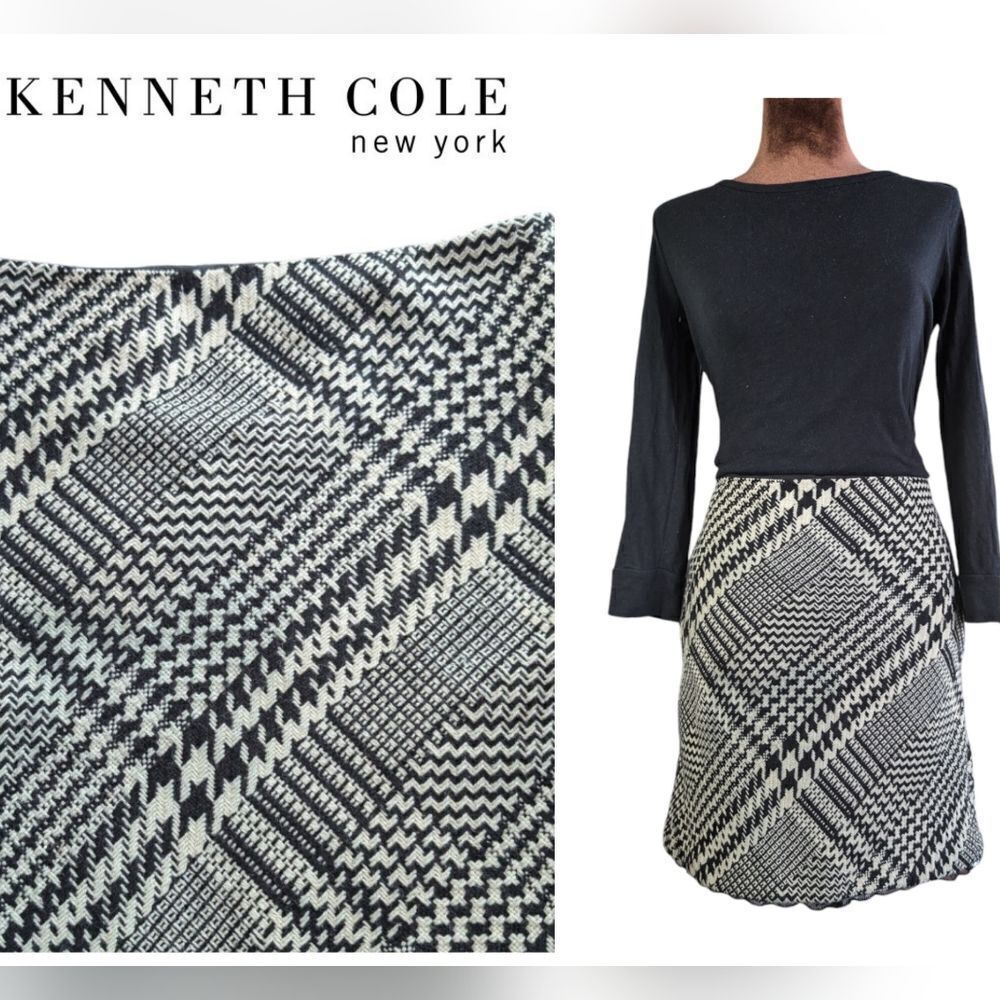 Kenneth Cole Wool jacquard intricate  herringbone skirt M lace trim tweed